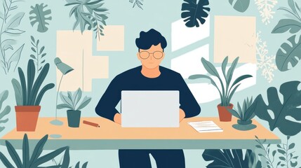 Fototapeta premium Entrepreneur immersed in creativity at a minimalist desk, surrounded by greenery and inspiration