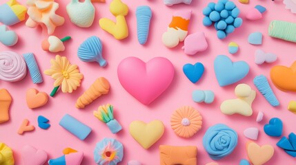 Colorful Abstract Sculpture Arrangement With Playful Shapes and a Human Figure Against a Vibrant Pink Background