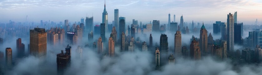 Misty Skyline at Dawn Aerial View of a Cityscape with Skyscrapers Emerging from Fog
