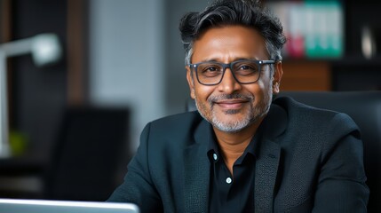 **Portrait of an Accomplished Leader:** A distinguished Indian businessman with a gentle smile and confident gaze, radiating authority and approachability, ready to lead.