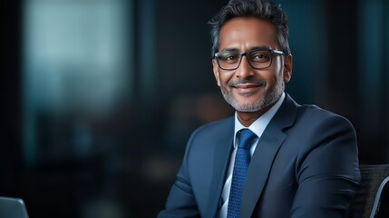 Obraz premium Confident Business Leader: A distinguished business leader exudes confidence and approachability in a professional portrait, showcasing a successful executive ready to lead.