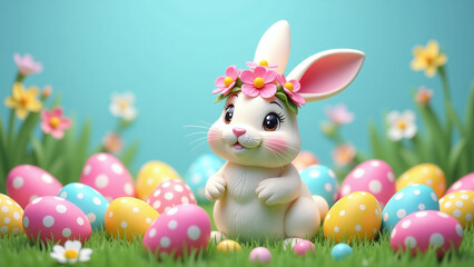 colorful easter egg collection surrounds bunny vibrant floral crown amidst springtime celebration happy easter blue