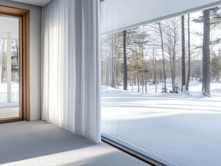 Fototapeta premium Tranquil winter landscape viewed from a modern room with large windows