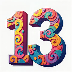 A vibrant, intricate number 13, possibly for a 13th birthday, with swirling patterns and bright colors on a white background.