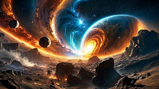 A massive swirling wormhole radiating energy in deep space, surrounded by asteroids and cosmic dust. Concept of interdimensional travel and space-time distortion