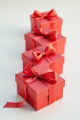 Fototapeta premium A Row of Elegant Red Gift Boxes with Satin Ribbons, Ready for Giving