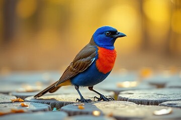 Fototapeta premium Vibrant Blue and Red Bird Perched on Cobblestones