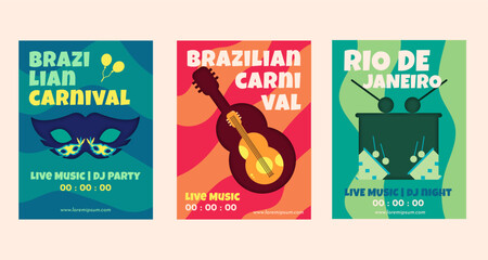 Brazilian Carnival festival. Mardi gras and rio de janeiro celebration. Vector illustration of magazine cover, poster, brochure template trendy flat style design set.