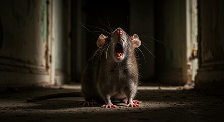 Rat Standing and Screaming in Dark Hallway Creating an Eerie Mood