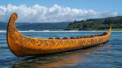 Ornate outrigger canoe afloat, tropical beach, calm ocean, carved wood