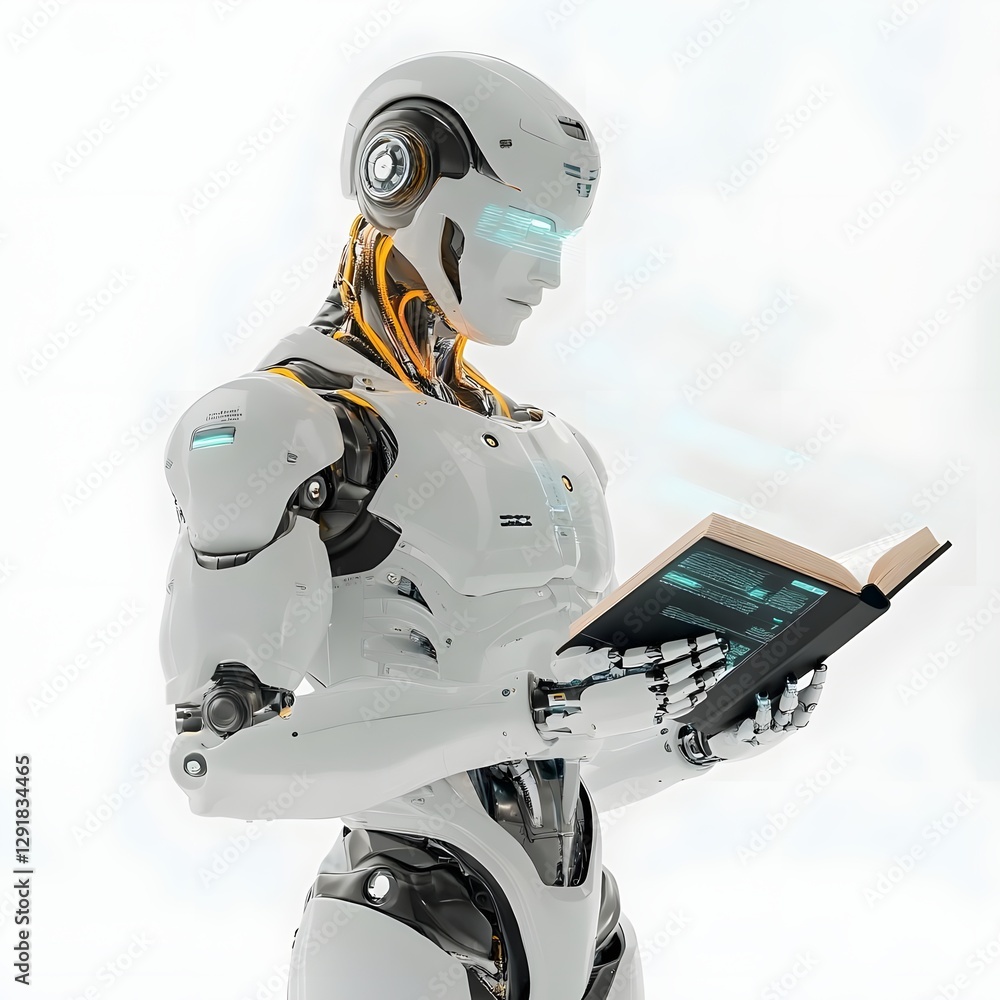 Poster futuristic humanoid robot reading a book in a bright, minimalistic environment with glowing elements