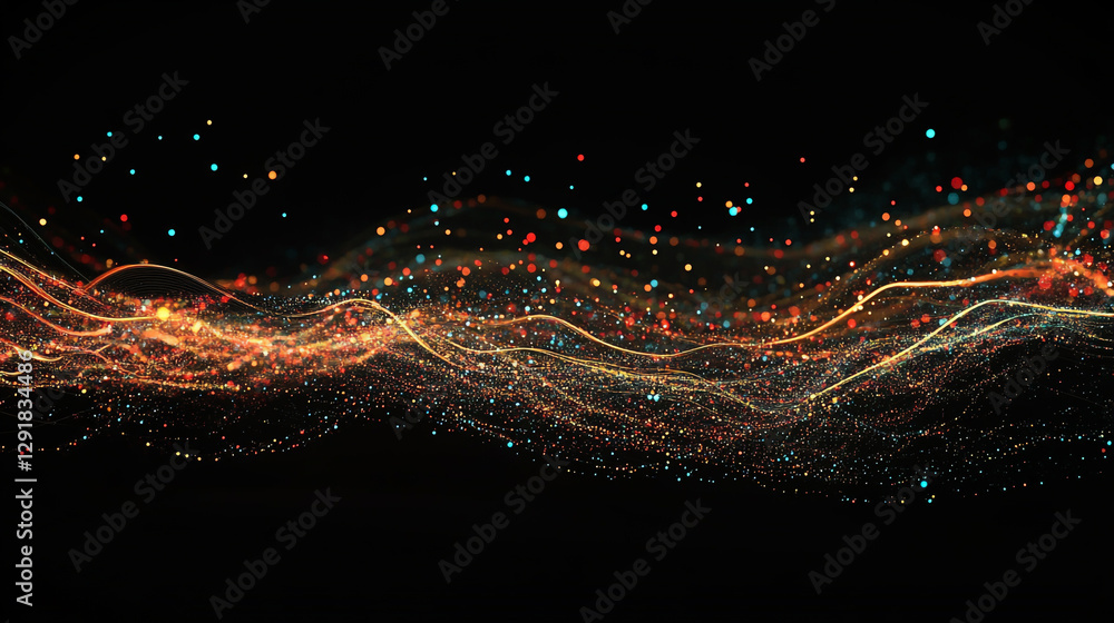 Poster abstract background with colorful glowing dots and wavy lines on a dark black backdrop, a data techn