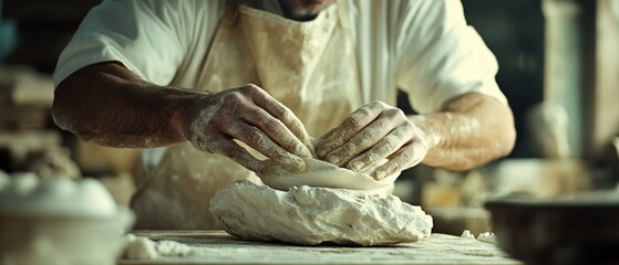 A baker's hands expertly knead dough on a floured surface, evoking tradition and craftsmanship in the art of bread-making.