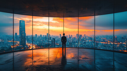 Metaverse billionaire admires futuristic holographic city from floating digital penthouse balcony at sunset