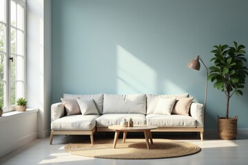 Serene Living Room Interior Design with Light-Colored Sectional Sofa, Wooden Coffee Table, and Natural Fiber Rug