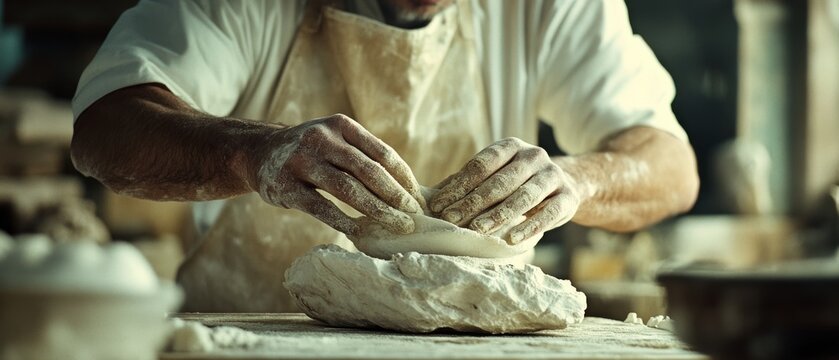 A baker's hands expertly knead dough on a floured surface, evoking tradition and craftsmanship in the art of bread-making.