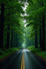 Serene Pathway Through Verdant Canopy, Wet Asphalt Gleaming Under Soft Light, Peaceful Forest Road Journey