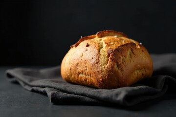 A freshly baked artisan bread loaf rests on a dark textile, showcasing its golden-brown crust and textured surface.