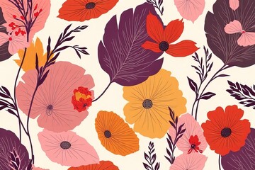 Vibrant Floral Pattern with Bold Colors and Tropical Leaves