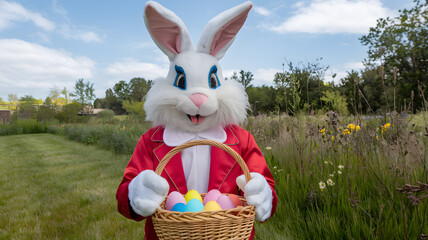 Easter Bunny in Red Suit Holding a Basket of Colorful Eggs in a Spring Meadow