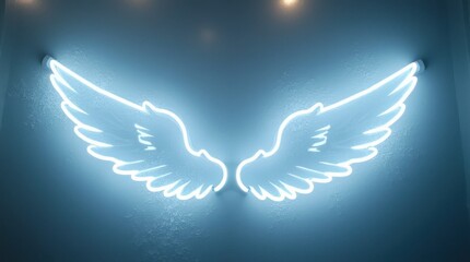 Glowing White Neon Angel Wings with Icy Highlights on Frosted Glass