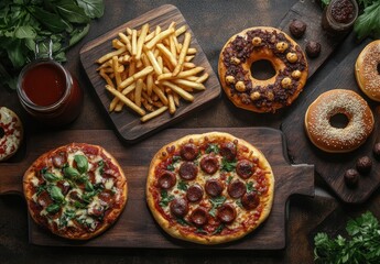 Fototapeta premium Delicious assortment of pizza, fries, donuts, and drinks arranged on rustic wooden boards for a mouthwatering food spread photography
