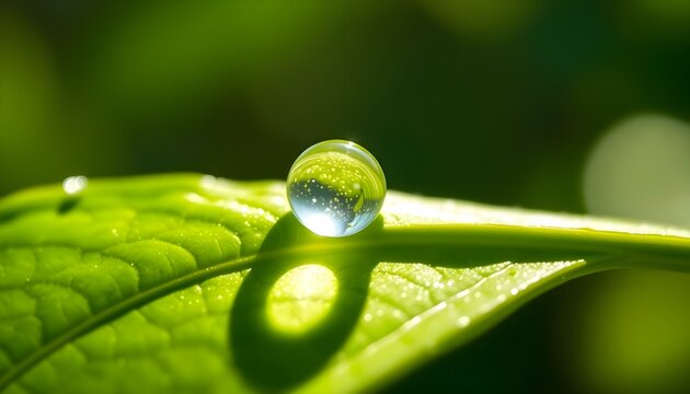a drop of water sitting on top of a green leaf - Powered by Adobe