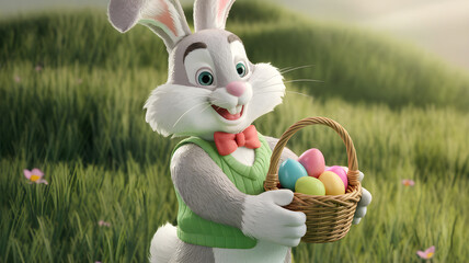 Adorable Easter Bunny holding a basket of colorful eggs in a lush green field