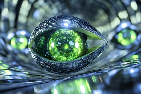 Futuristic alien eye with glowing green pupil observing in a metallic environment, creating a captivating sci fi scene