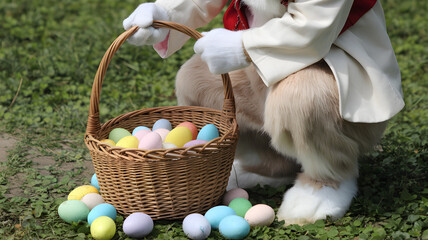 Person dressed as Easter Bunny holding a basket of colorful easter eggs outdoors