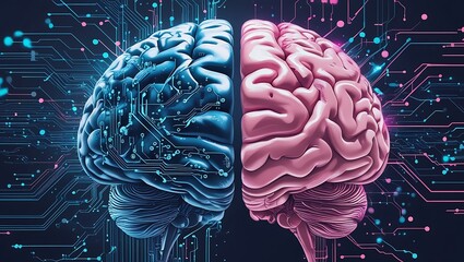 A digital artwork of a human brain divided into two contrasting halves.