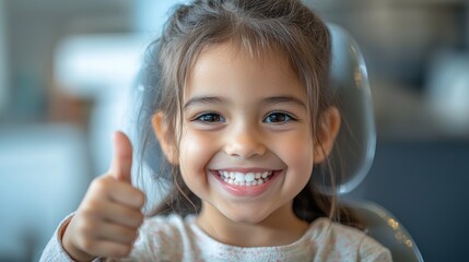 Smiling girl giving thumbs up at the dentist for happy dental visit