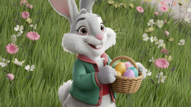 Adorable Easter Bunny in a green coat holding a basket of colorful eggs &ndash; 3D illustration