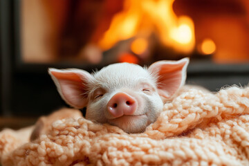 Close-up of a tiny teacup pig snuggling into a cozy knitted blanket by a fireplace.