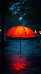 Vibrant Orange Umbrella Glows on Rainy Street During Evening Hours