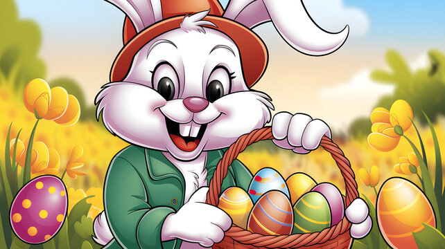 Cheerful Easter Bunny with basket of colorful eggs &ndash; Cartoon illustration