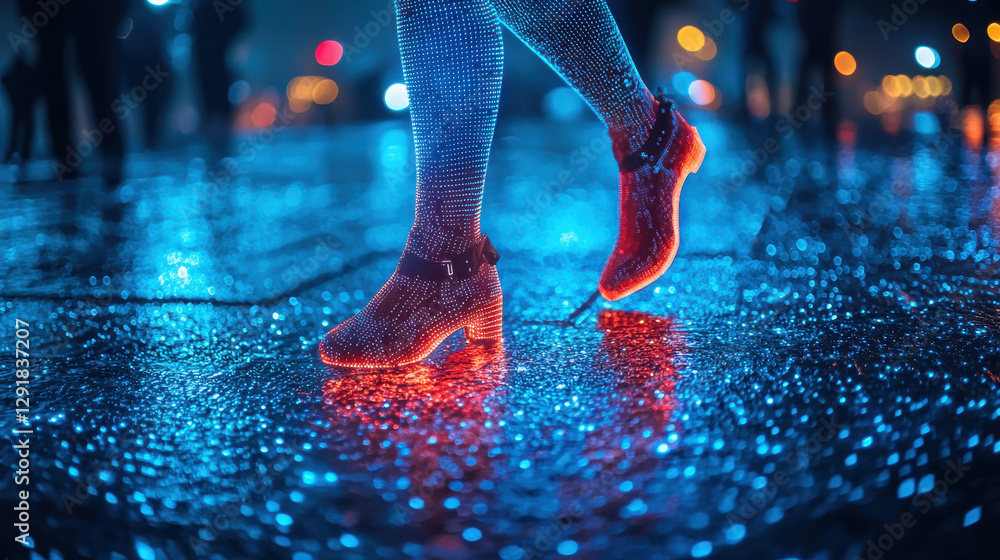 Poster robotic ai assistant analyzes walking style under glowing data streams for enhanced security clearan