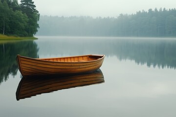 Naklejka premium Serene Wooden Boat Floating on Calm Lake Surrounded by Misty Forest at Dawn