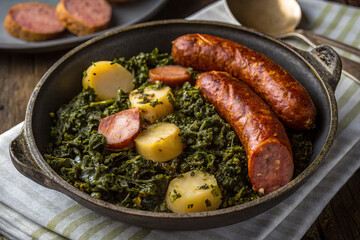 Kale cabbage with Pinkel sausage is a stewed green cabbage (kale) with the addition of smoked sausage called Pinkel. A thick, dark green mass thanks to the cabbage, which is cooked until soft and take