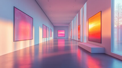 Fototapeta premium Contemporary art gallery with colorful abstract paintings in a sunlit modern interior