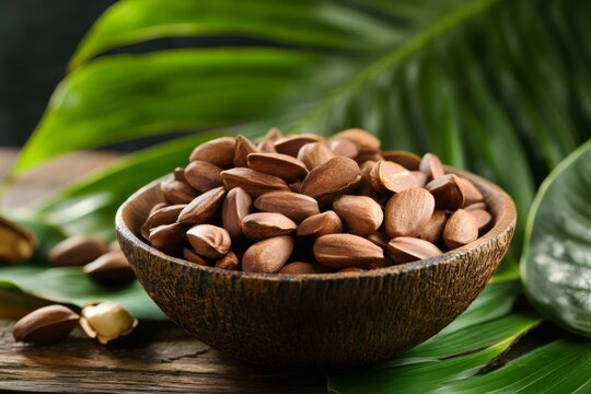 Pili nuts are presented in a wooden bowl, placed on a wooden surface with tropical green leaves, creating a natural and inviting scene