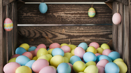 Pastel Easter eggs in rustic wooden crate with hanging decorations – Vintage spring holiday theme