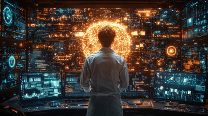 Scientist testing deepfake detection algorithms in a high-tech AI research lab with glowing quantum computers