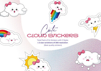 Cute Kawaii Cloud Stickers | Adorable Weather-Themed 24 Sticker Pack