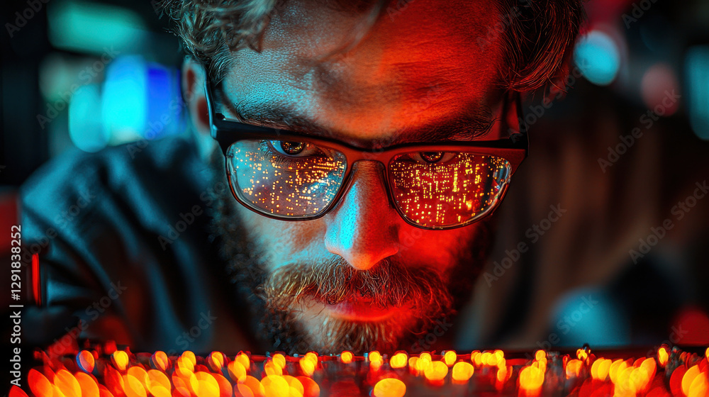 Poster scientist examines ultra-miniature electronic components in a lab equipped with advanced microscopy 
