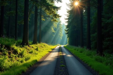 Fototapeta premium Sunlit Pathway Through Verdant Forest With Serene Atmosphere and Lush Green Vegetation