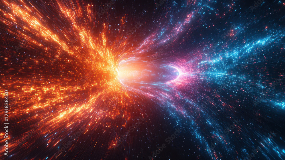 Poster comparing the chaos of big data storms with the clarity of small data streams in a futuristic techno