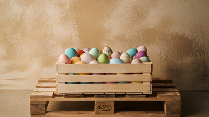 A rustic wooden crate filled with pastel-colored Easter eggs placed on a wooden pallet against a textured beige background