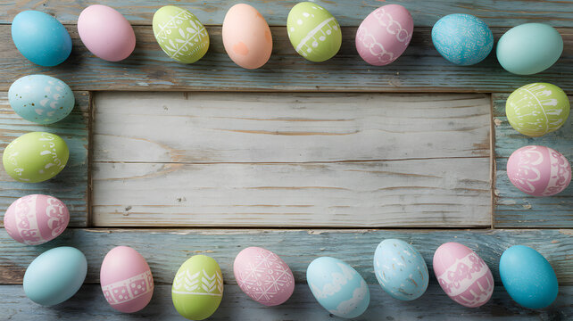Pastel Easter eggs with intricate designs arranged in a wooden frame with copy space &ndash; Rustic spring holiday background