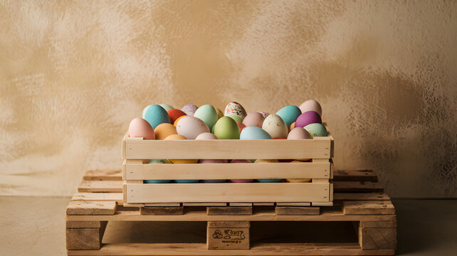 A rustic wooden crate filled with pastel-colored Easter eggs placed on a wooden pallet against a textured beige background